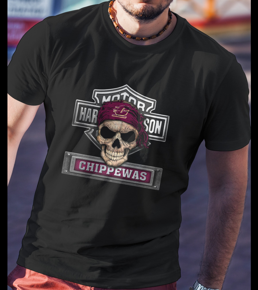 Hd Ncaa Central Michigan Chippewas Skull Bandana Harley Style T-Shirt