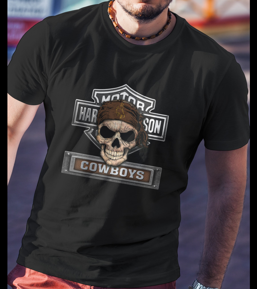 Hd Ncaa Wyoming Cowboys Skull With Harley Davidson Motor Cowboys T-Shirt