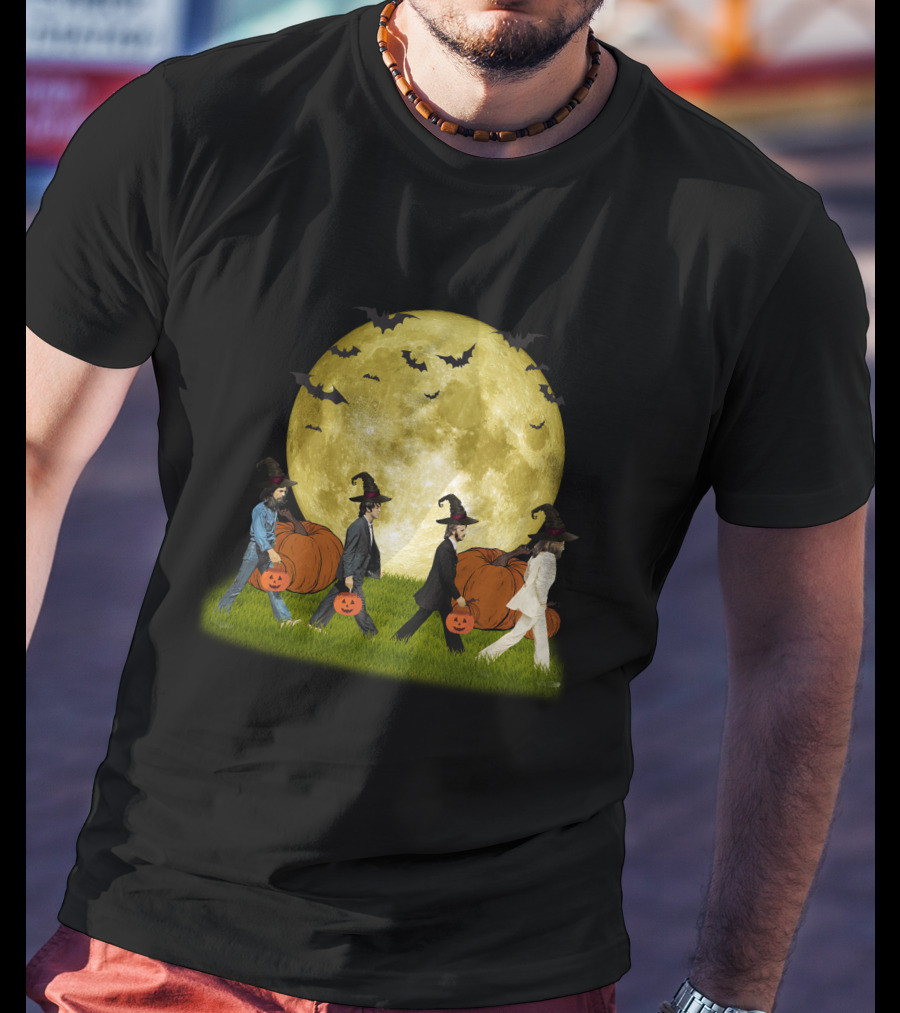 Abbey Road Halloween Crossing With Pumpkins And Witches Under Full Moon T-Shirt