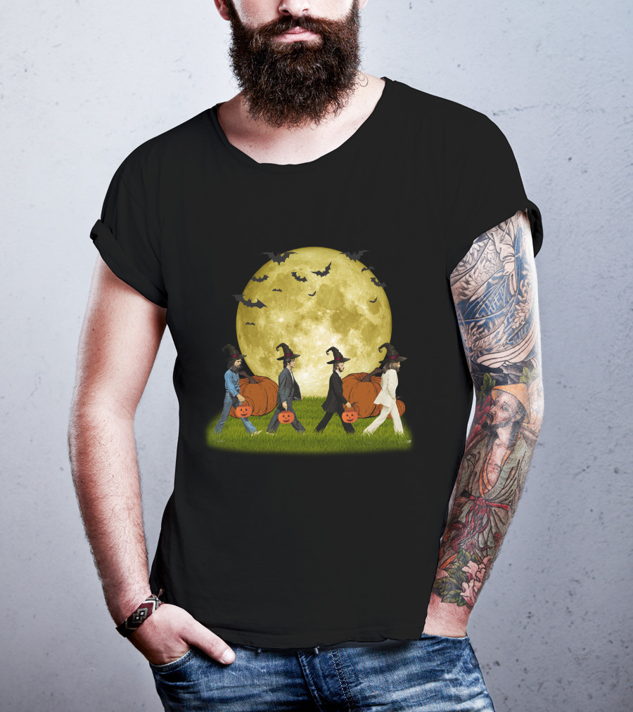 Abbey Road Halloween Crossing With Pumpkins And Witches Under Full Moon T-Shirt