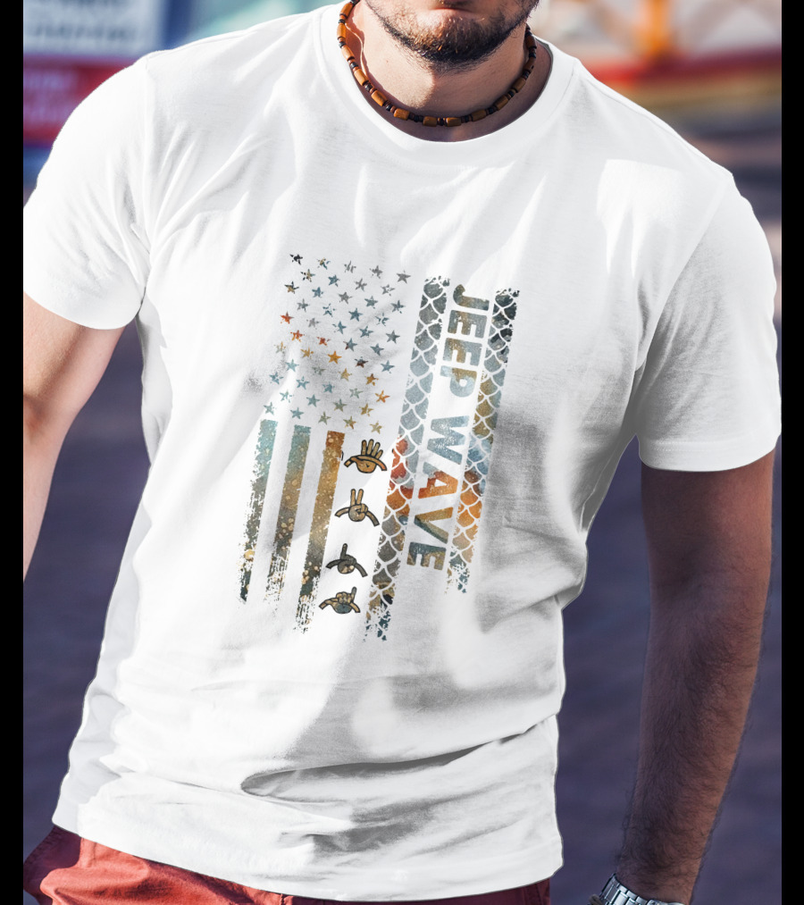 Jeep Wave American Flag Grunge Style With Hand Symbols T-Shirt