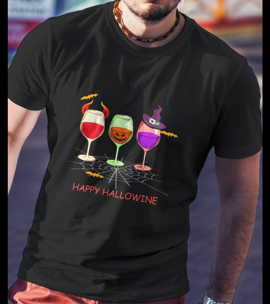 Happy Hallowine Wine Glasses Halloween Witch Hat Jack O'Lantern T-Shirt