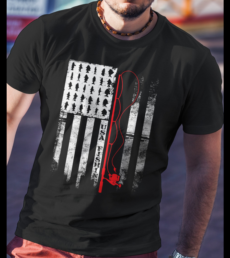 USA Fishing Flag Red Fishing Rod T-Shirt