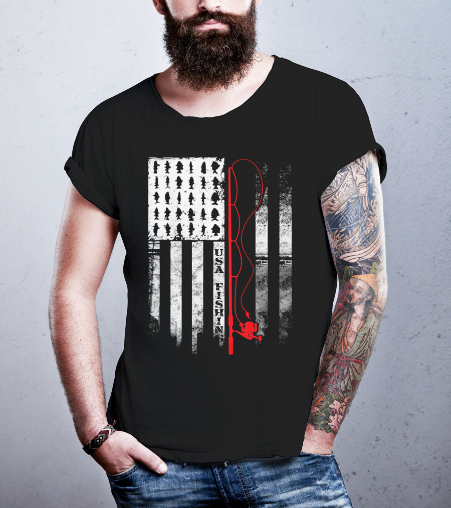USA Fishing Flag Red Fishing Rod T-Shirt