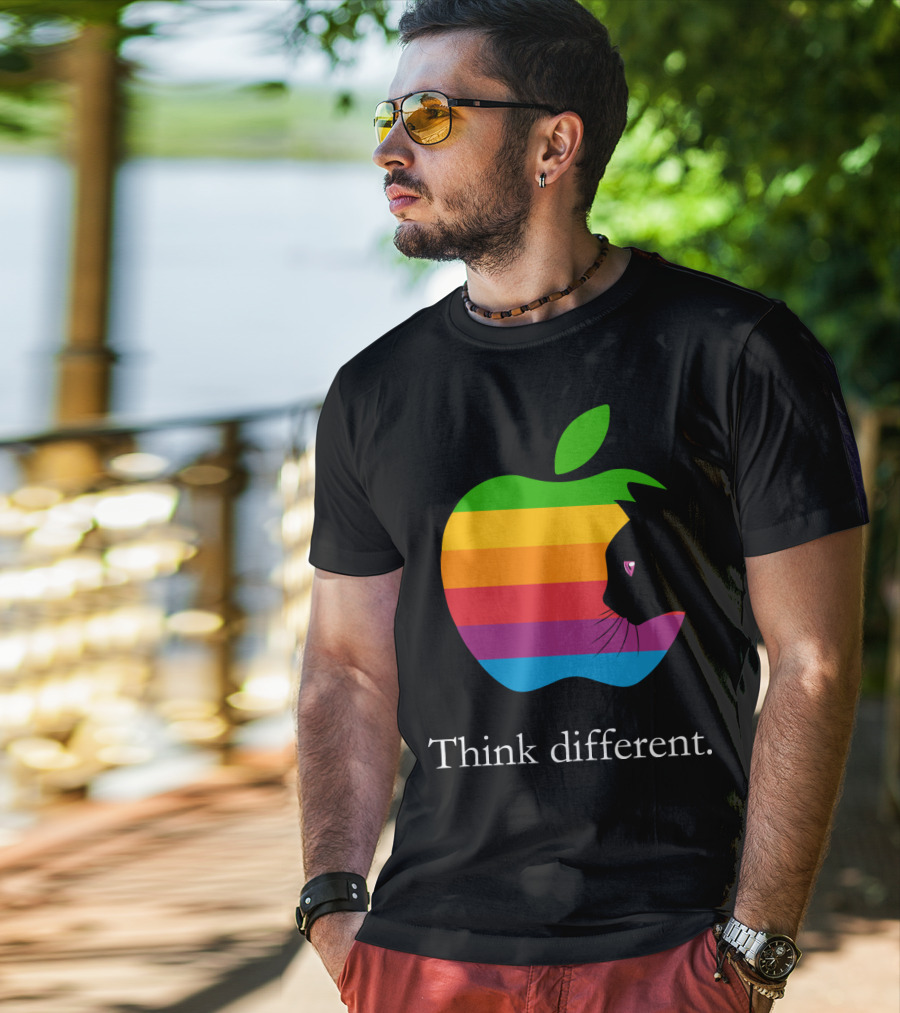Think Different Apple Logo Rainbow Cat Face T-Shirt