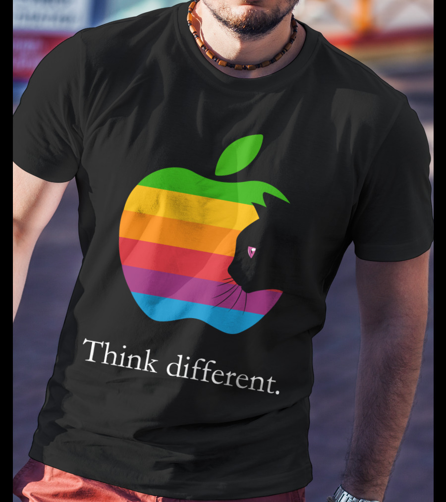Think Different Apple Logo Rainbow Cat Face T-Shirt