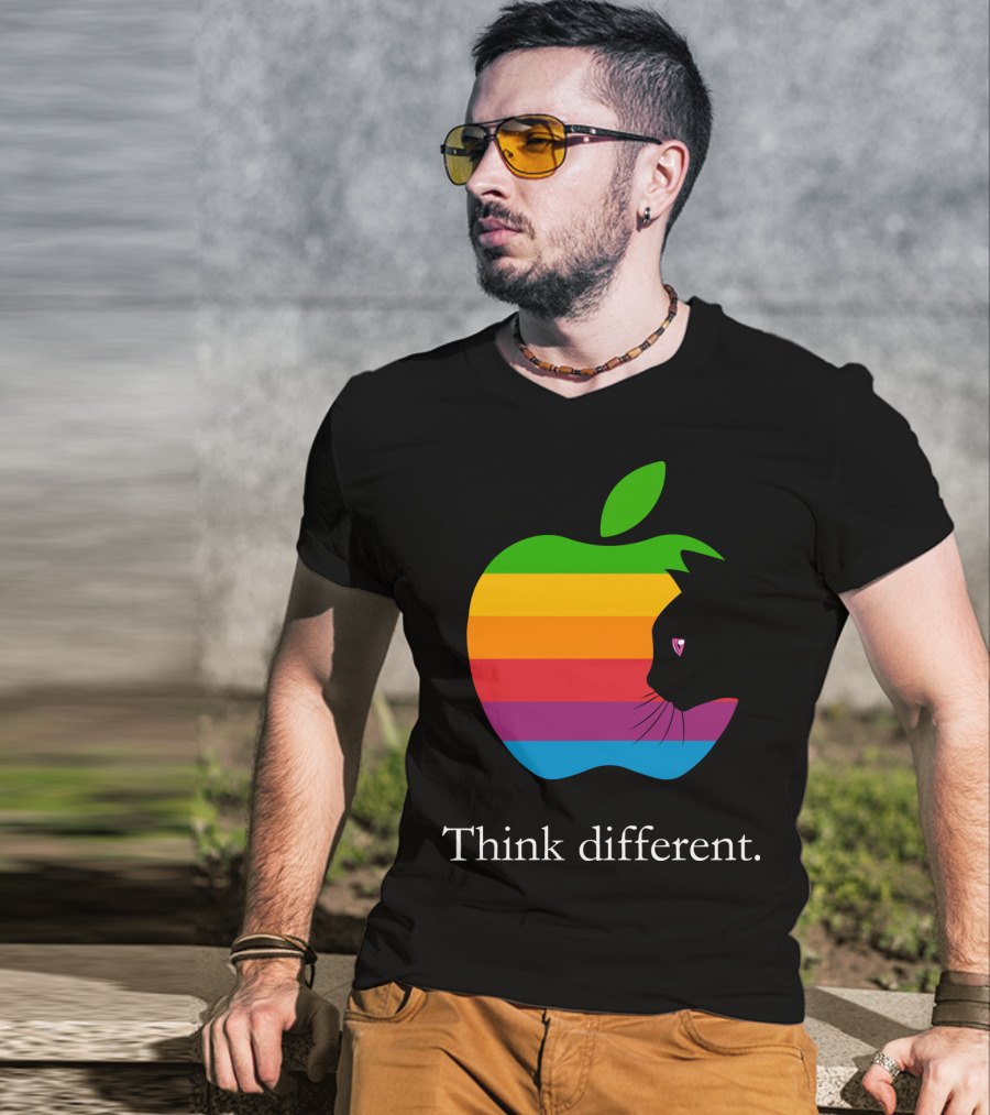 Think Different Apple Logo Rainbow Cat Face T-Shirt