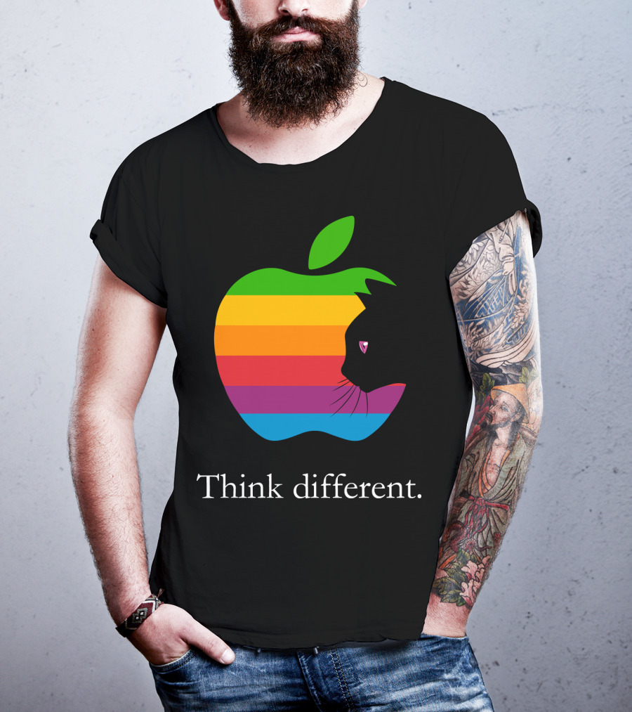Think Different Apple Logo Rainbow Cat Face T-Shirt