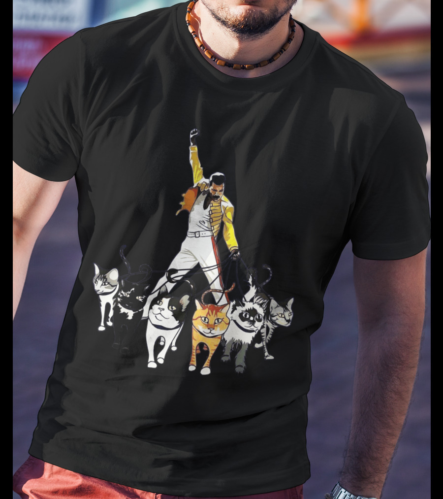 Freddie Cats Iconic Pose With Cats On Leashes T-Shirt