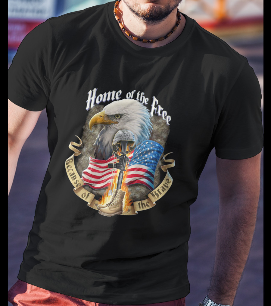 Home Of The Free Because Of The Brave American Eagle Soldier Helmet Flag T-Shirt