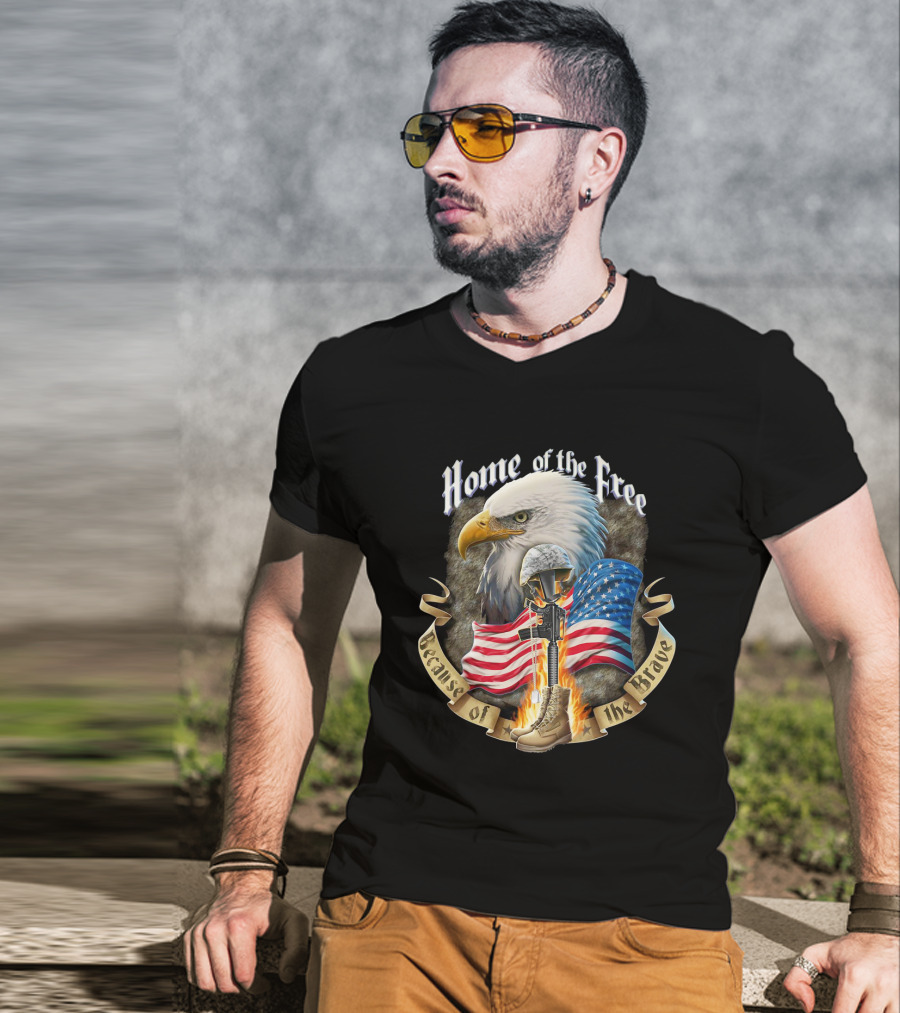 Home Of The Free Because Of The Brave American Eagle Soldier Helmet Flag T-Shirt