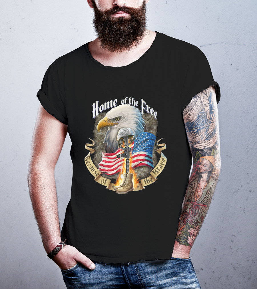 Home Of The Free Because Of The Brave American Eagle Soldier Helmet Flag T-Shirt