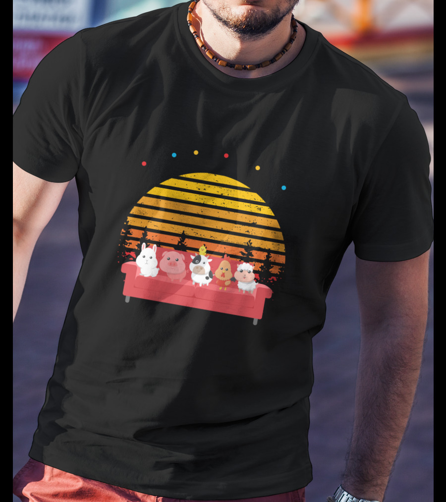 Friends Not Food Animal Characters On Red Couch With Sunset Background T-Shirt