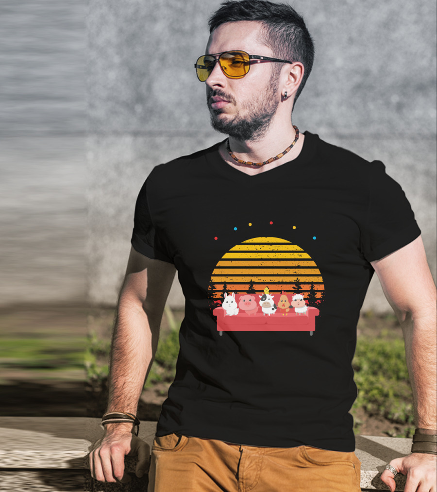 Friends Not Food Animal Characters On Red Couch With Sunset Background T-Shirt