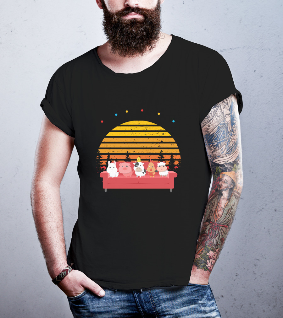 Friends Not Food Animal Characters On Red Couch With Sunset Background T-Shirt
