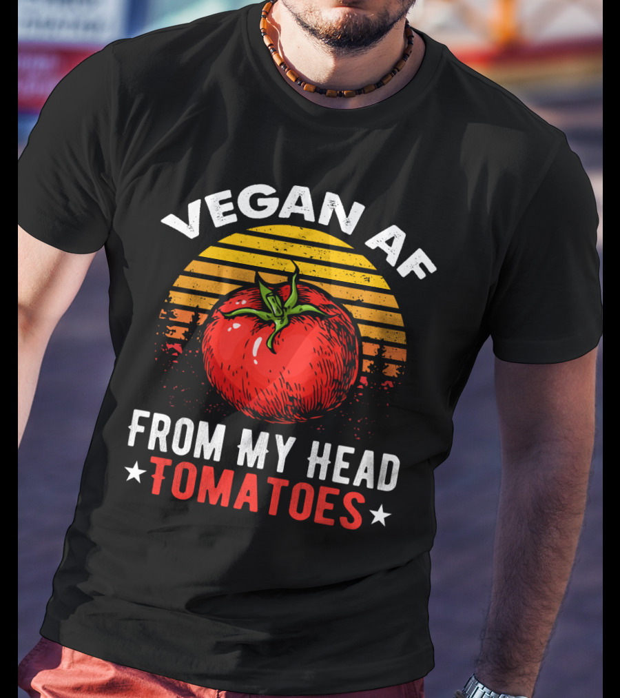 VEGAN AF FROM MY HEAD TOMATOES Retro Sunset Tomato Veggie Joke T-Shirt