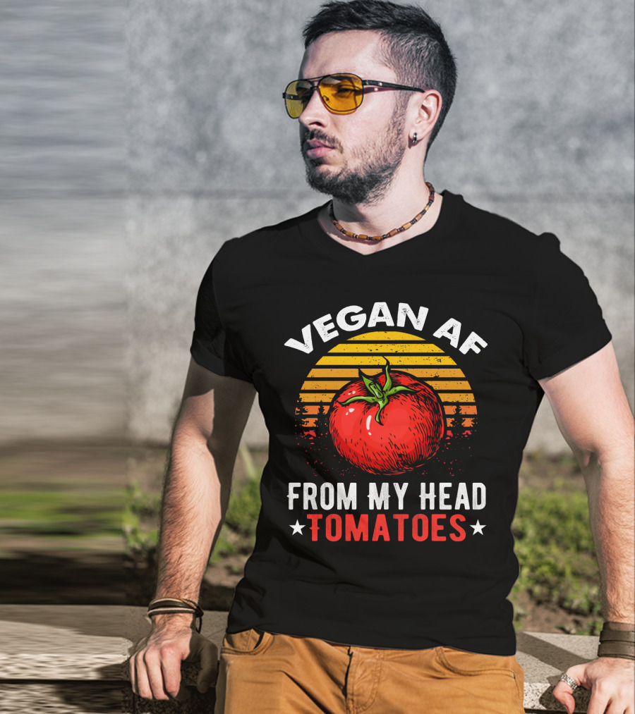 VEGAN AF FROM MY HEAD TOMATOES Retro Sunset Tomato Veggie Joke T-Shirt