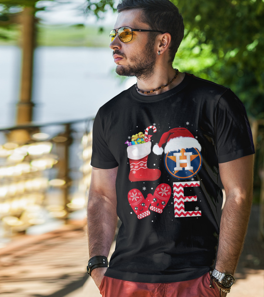 Christmas Love Houston Astros Snowflake Stocking Mittens Santa Hat T-Shirt