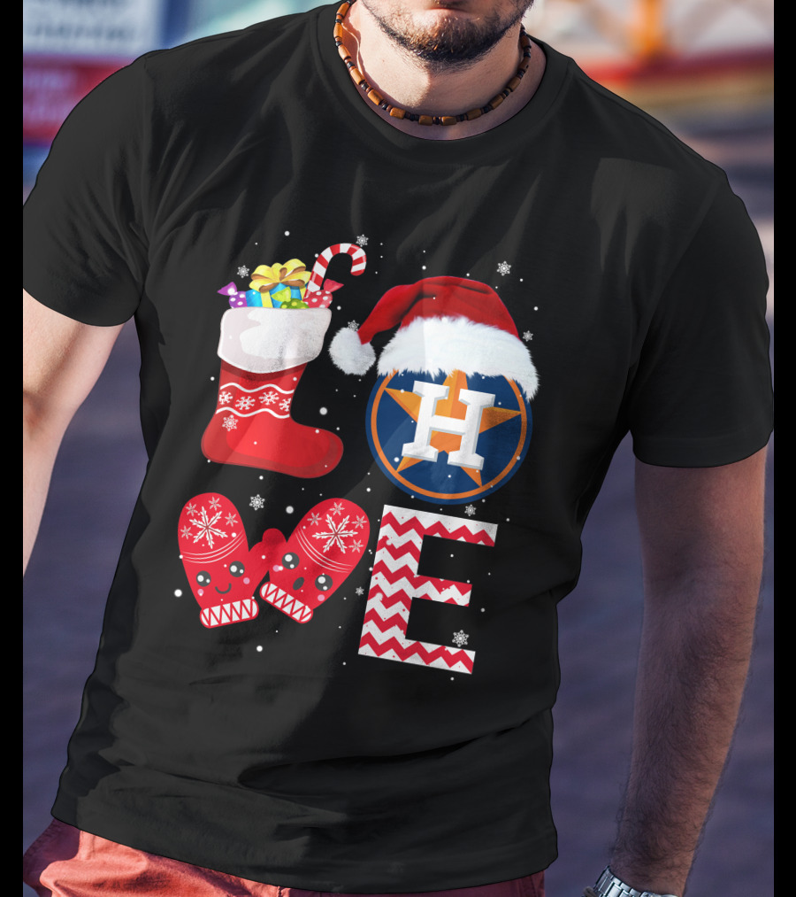 Christmas Love Houston Astros Snowflake Stocking Mittens Santa Hat T-Shirt