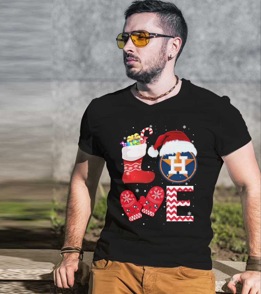 Christmas Love Houston Astros Snowflake Stocking Mittens Santa Hat T-Shirt
