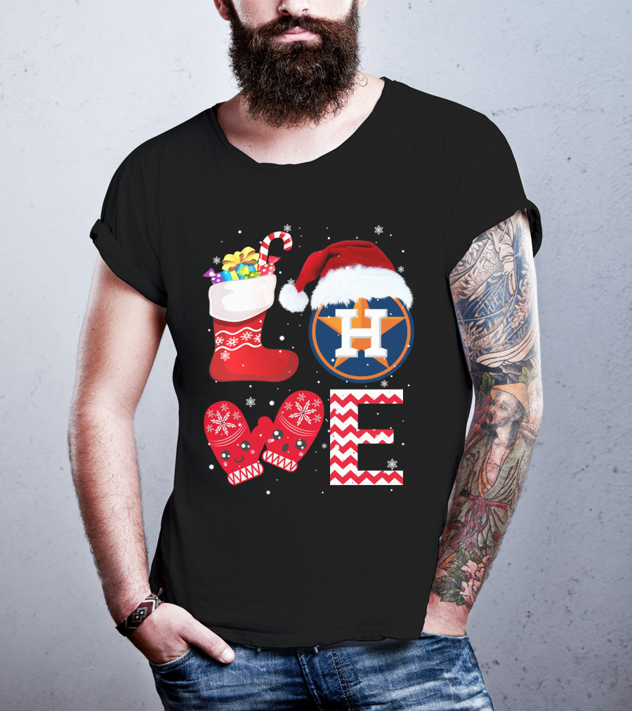 Christmas Love Houston Astros Snowflake Stocking Mittens Santa Hat T-Shirt
