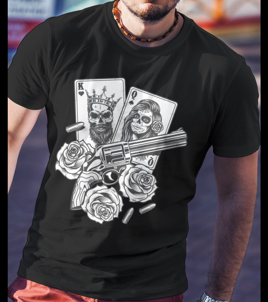 Hippie V Dead Rainbow Bertha Tie Dye King Queen Playing Cards Skulls Gun Roses Bullets T-Shirt