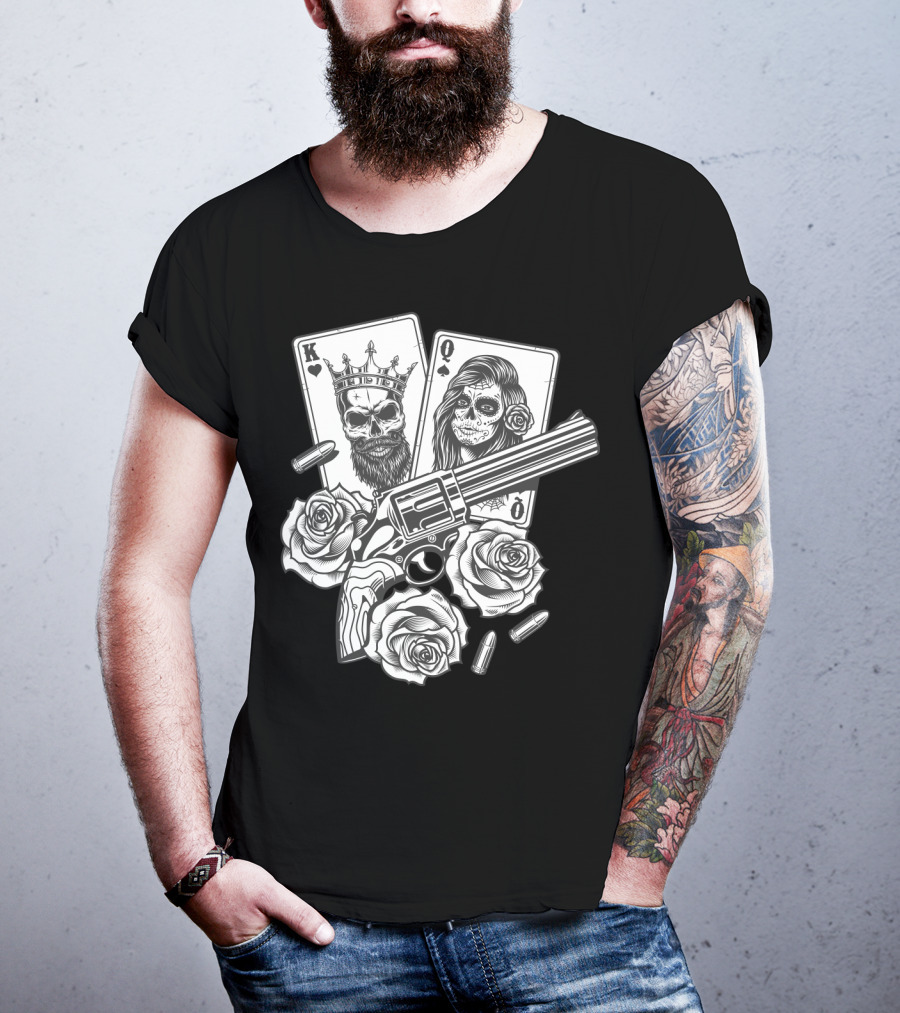 Hippie V Dead Rainbow Bertha Tie Dye King Queen Playing Cards Skulls Gun Roses Bullets T-Shirt