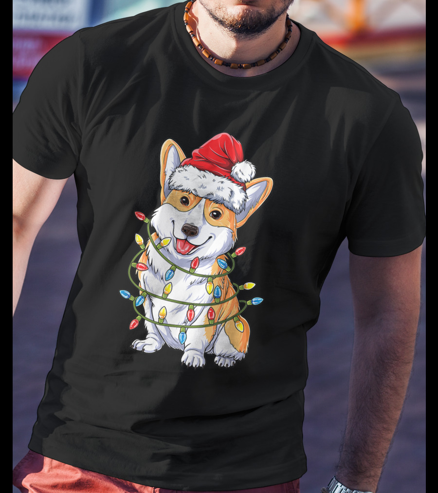 Corgi Dog Christmas Lights Ugly Sweater Santa Hat T-Shirt