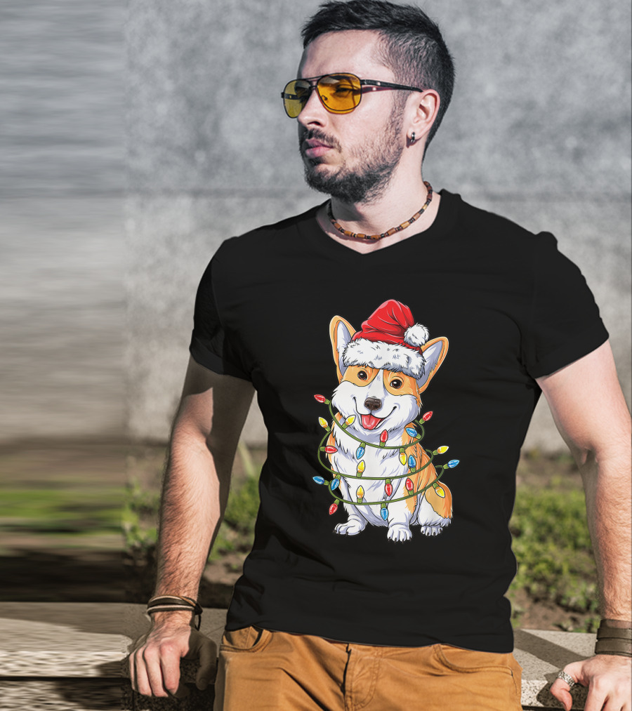 Corgi Dog Christmas Lights Ugly Sweater Santa Hat T-Shirt