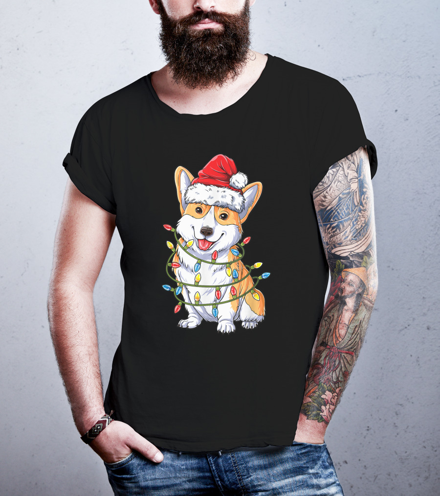 Corgi Dog Christmas Lights Ugly Sweater Santa Hat T-Shirt