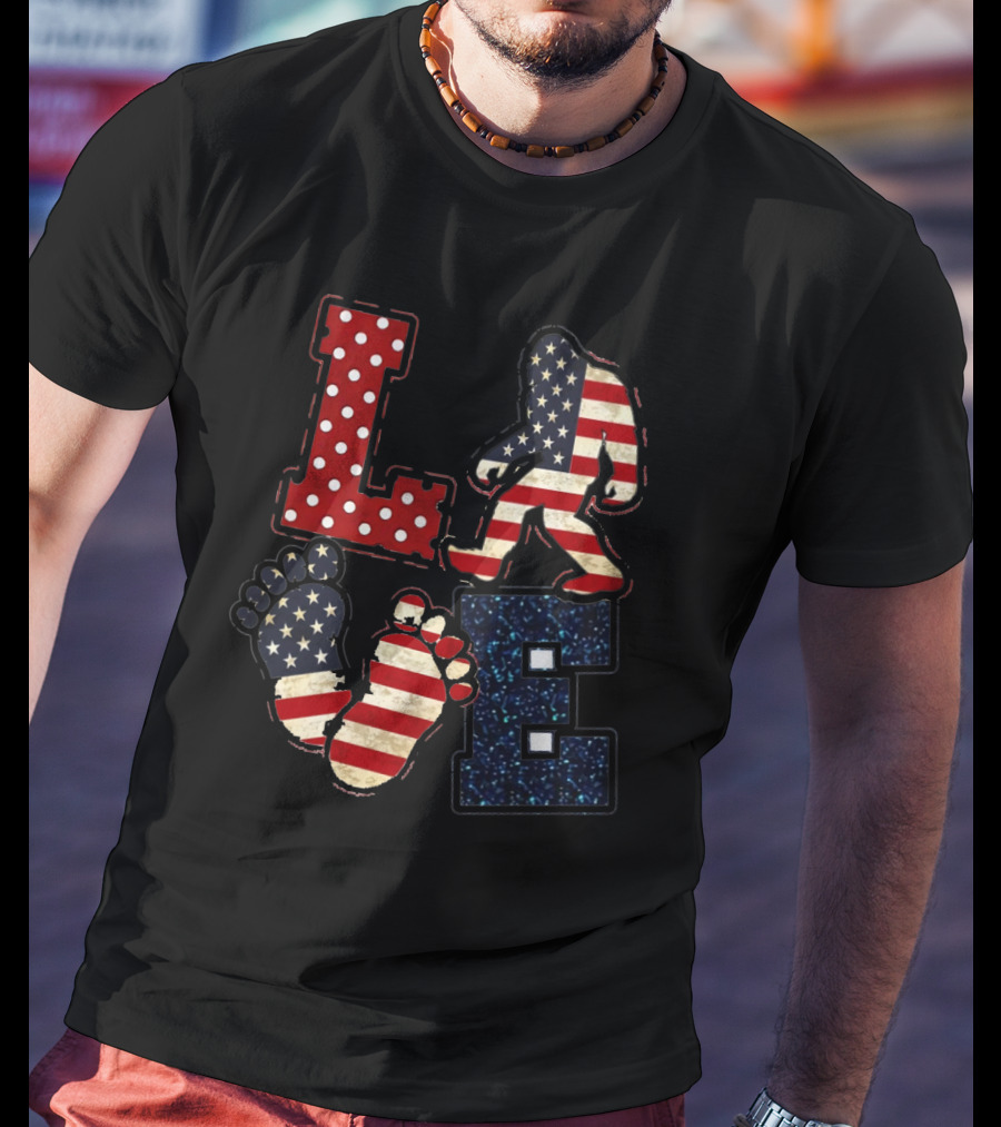Patriotic Bigfoot Love American Flag T-Shirt