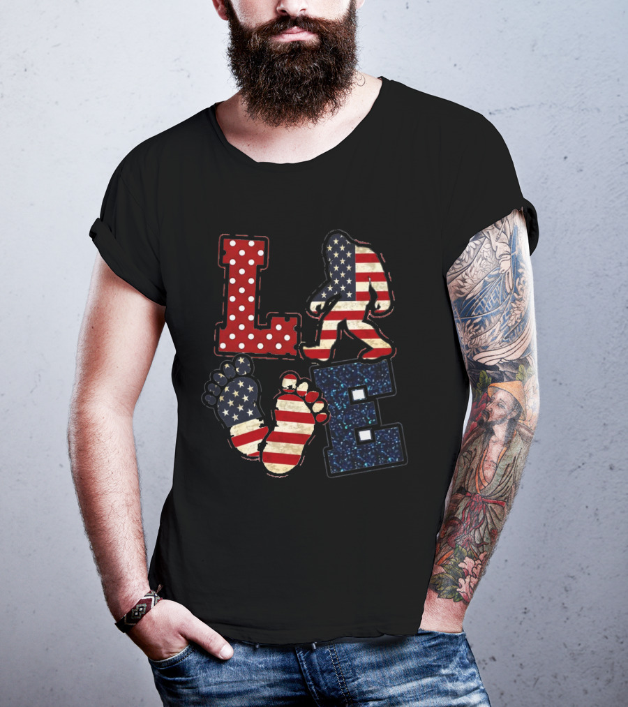 Patriotic Bigfoot Love American Flag T-Shirt