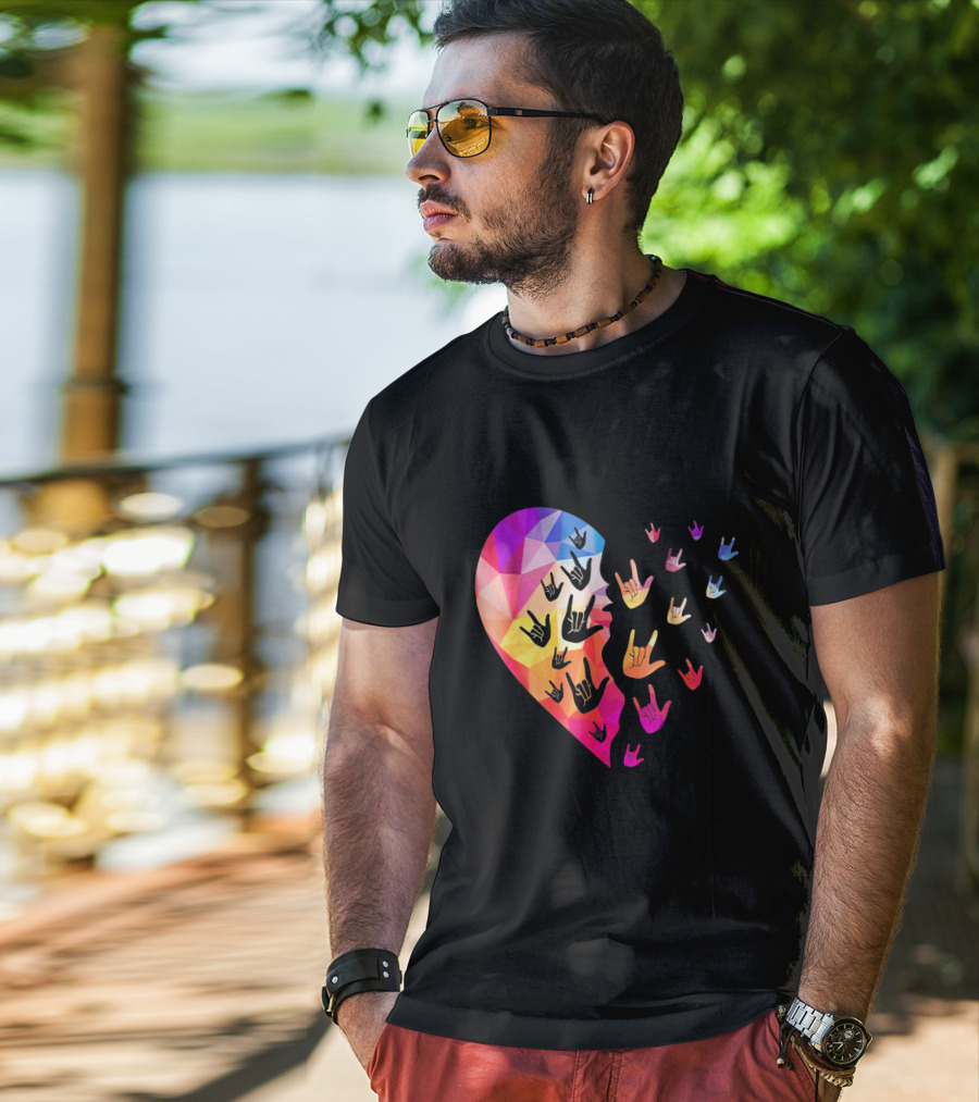 Broken Geometric Heart With Colorful Sign Language Hands T-Shirt
