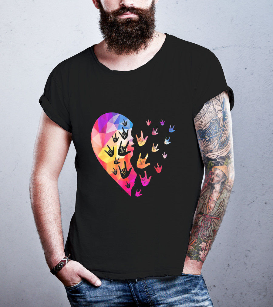 Broken Geometric Heart With Colorful Sign Language Hands T-Shirt