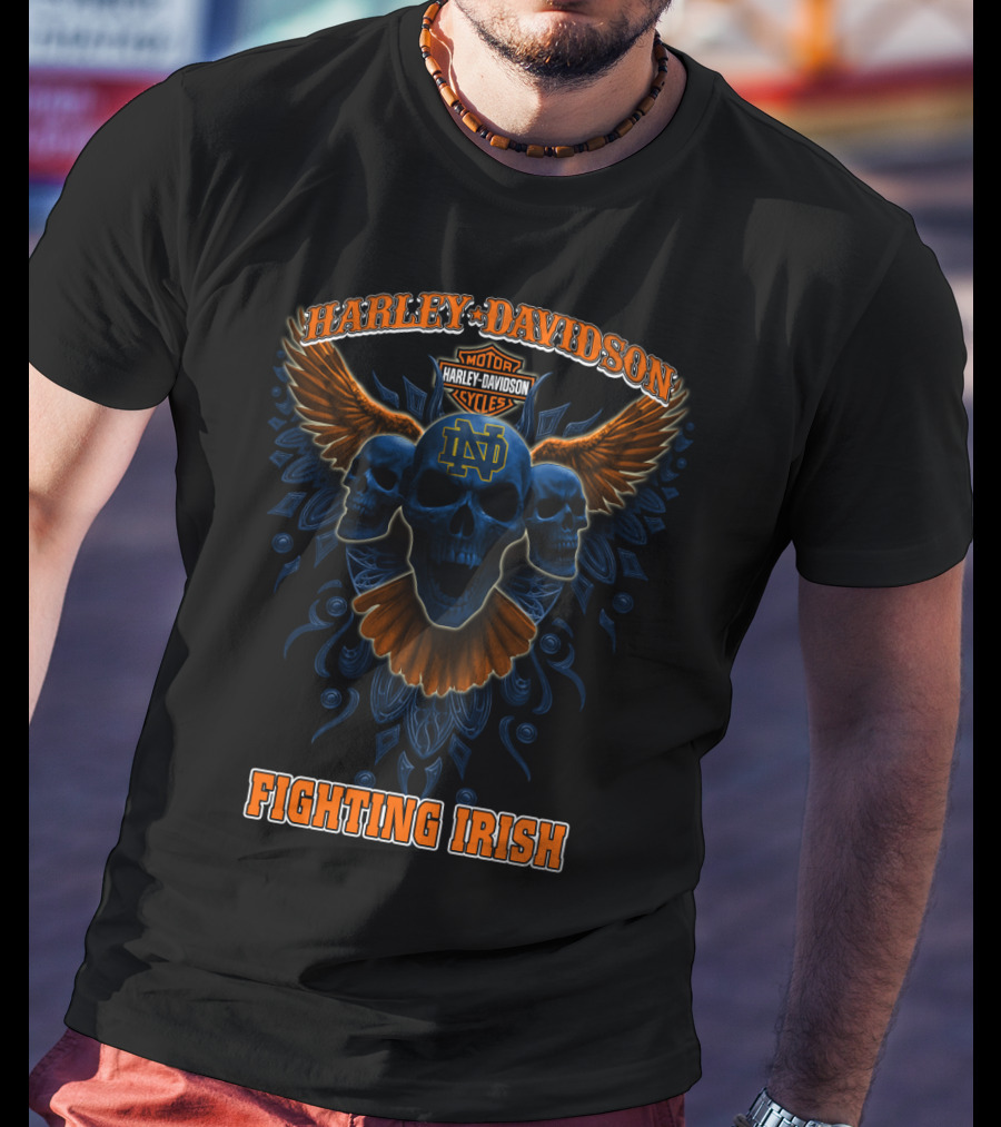 Harley Davidson Motorcycles Notre Dame Fighting Irish Skulls Wings T-Shirt