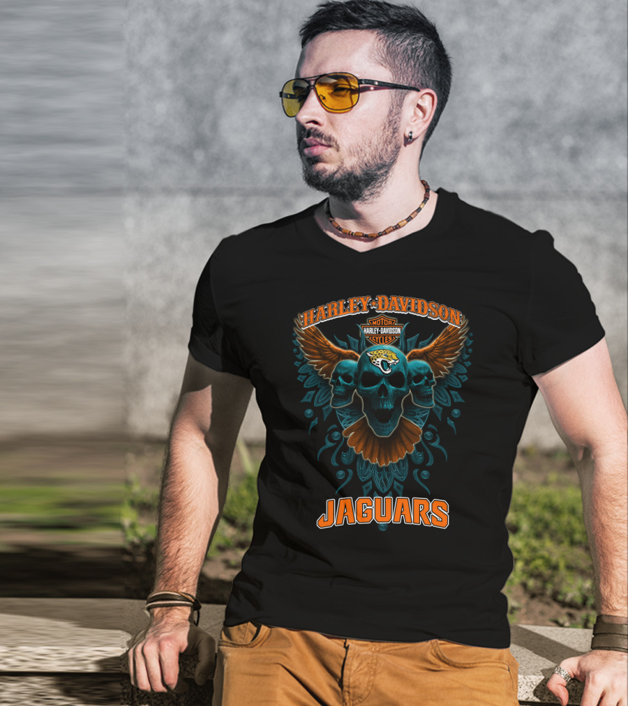 Harley Davidson Motorcycles Jaguars Skulls Wings Nfl T-Shirt