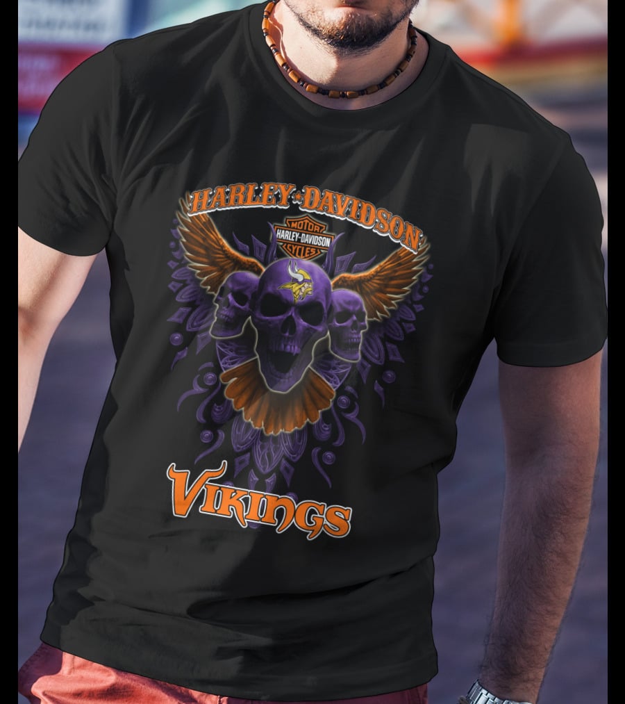 Harley Davidson Vikings Minnesota Nfl Skulls Art T-Shirt