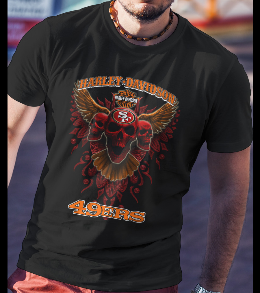 Harley Davidson Motor Cycles Sf 49ers Skulls Wings T-Shirt
