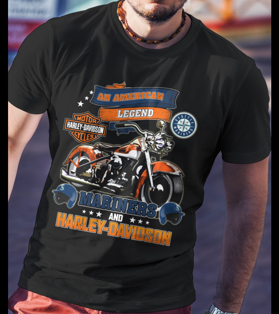 An American Legend Seattle Mariners Harley Davidson Motor Cycles T-Shirt
