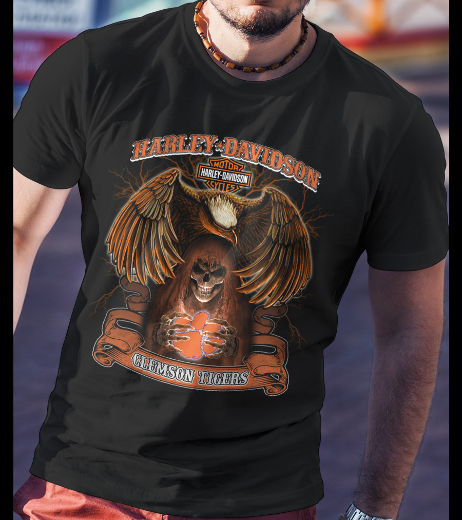 Harley Davidson Motorcycles Clemson Tigers Eagle Skeleton T-Shirt