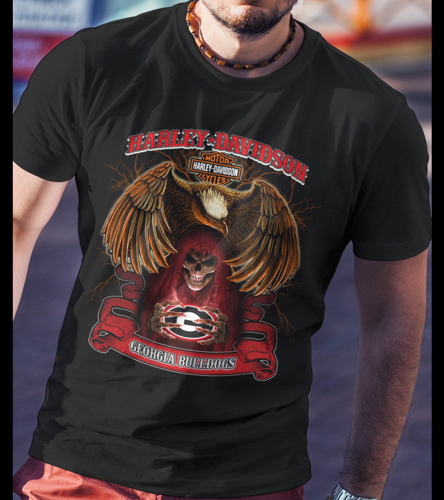 Harley Davidson Georgia Bulldogs Skull And Eagle Motorcycles T-Shirt
