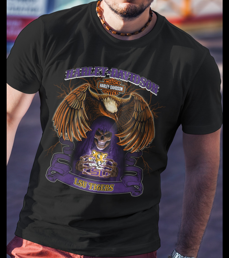 Harley Davidson Lsu Tigers Motorcycles Skull Eagle T-Shirt