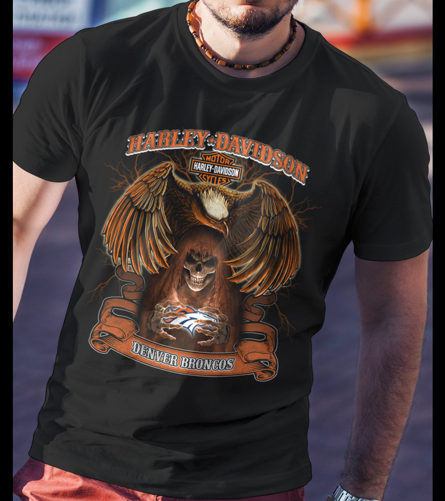 Harley Davidson Denver Broncos Nfl Moto Style Eagle Skull T-Shirt