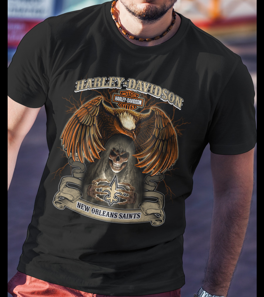 Harley Davidson Motorcycles New Orleans Saints Nfl Eagle And Skull T-Shirt