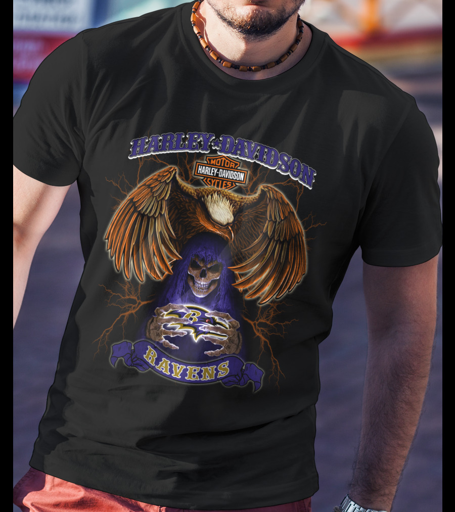 Harley Davidson Ravens Baltimore Nfl Lightning Skull Eagle Motif T-Shirt
