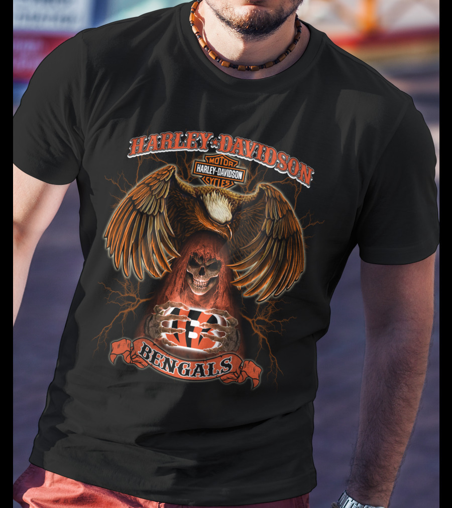 Harley Davidson Motor Cycles Cincinnati Bengals Eagle Skull T-Shirt
