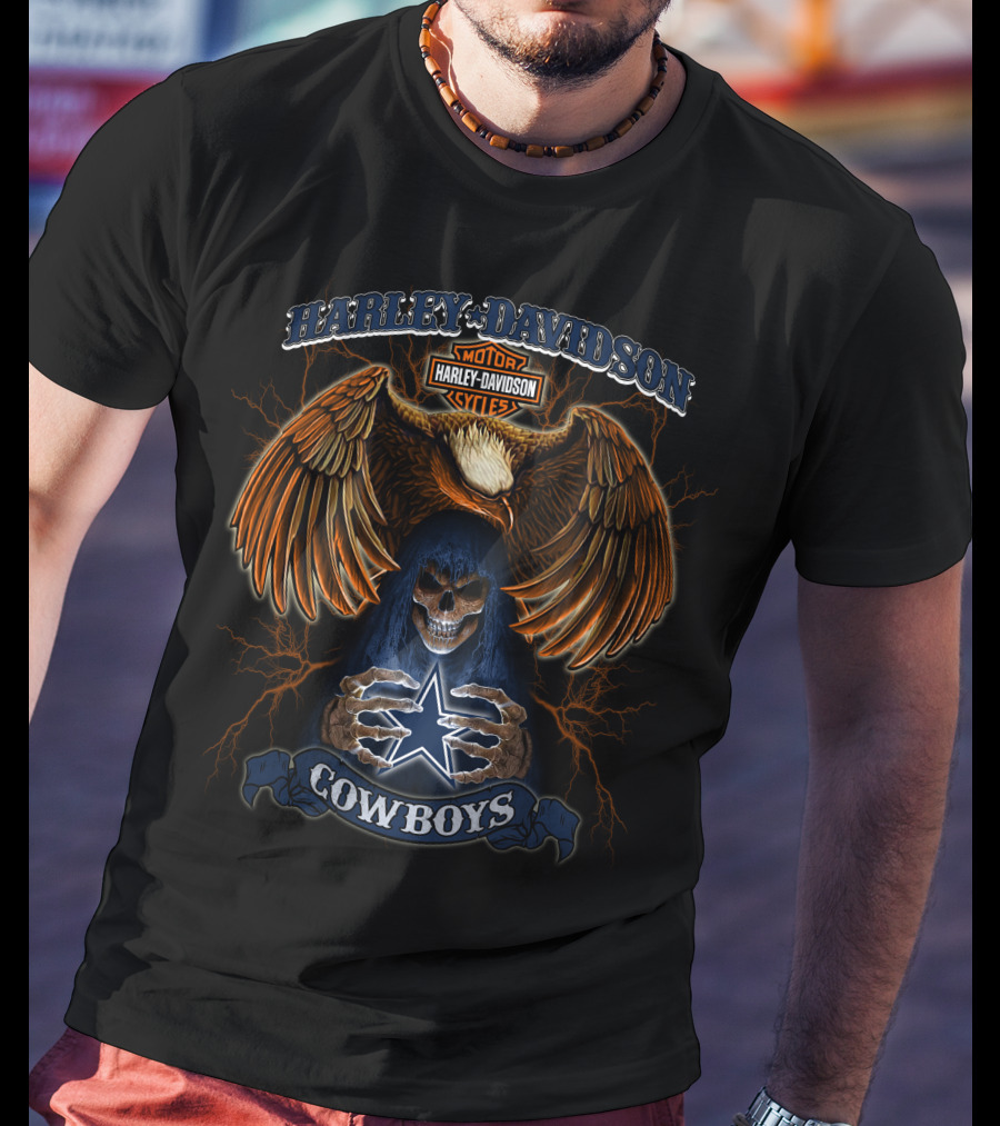 Harley Davidson Cowboys Skull And Eagle Dallas Nfl T-Shirt