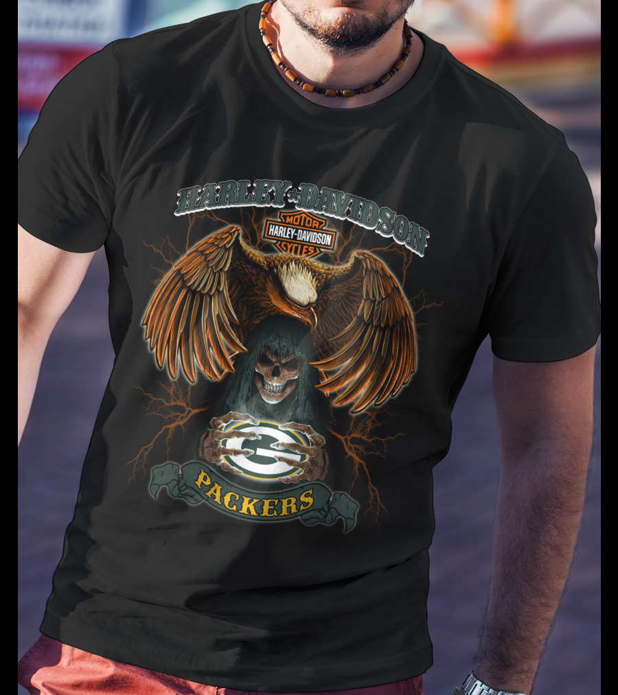 Harley Davidson Motor Cycles Packers Eagle Skull T-Shirt