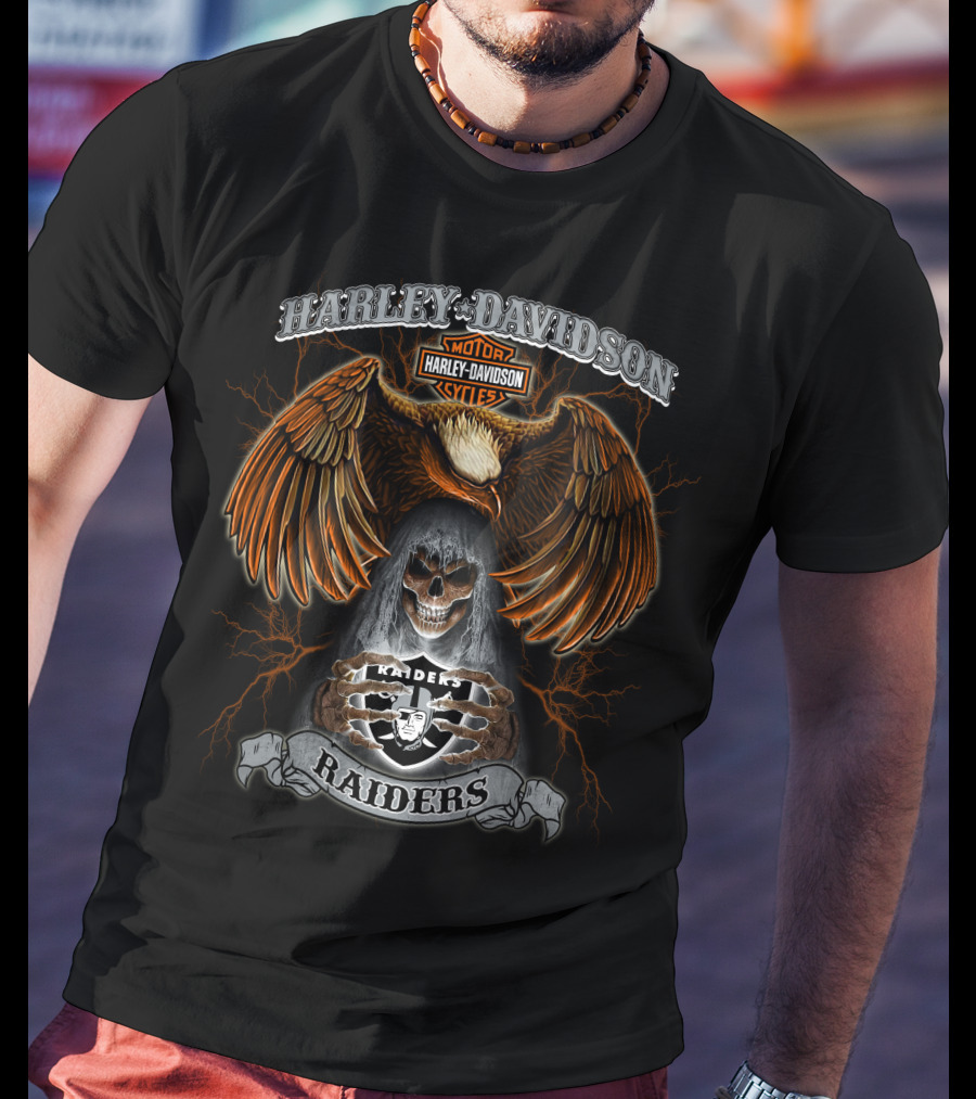 Harley Davidson Raiders Nfl Motorcycle Skull Eagle Lightning T-Shirt