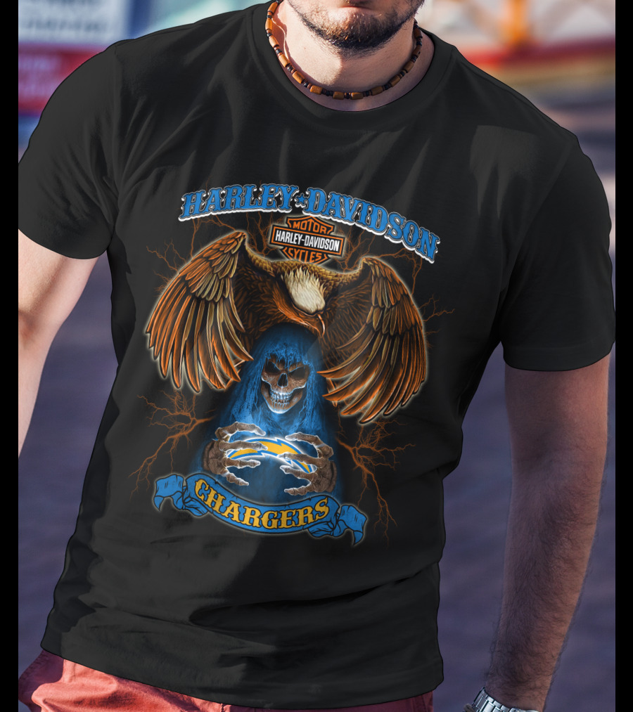 Harley Davidson Los Angeles Chargers Nfl Motorcycles Cycles Eagle Skeleton T-Shirt